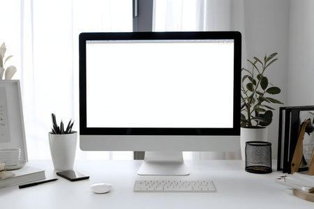 A minimalist workspace featuring a modern computer with a blank screen, keyboard, mouse and other office supplies.の写真素材