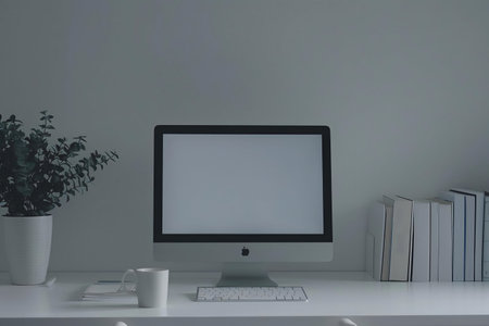 A clean, minimalist workspace featuring a computer, a plant, and a stack of books. Simple, modern design.の写真素材