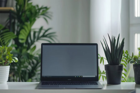 A laptop rests on a white desk surrounded by vibrant potted plants, creating a calming and...