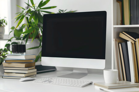 A serene workspace featuring a computer, books, and plants.の写真素材