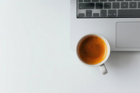 A cup of coffee sits next to a laptop on a white desk. Perfect morning setup.の写真素材