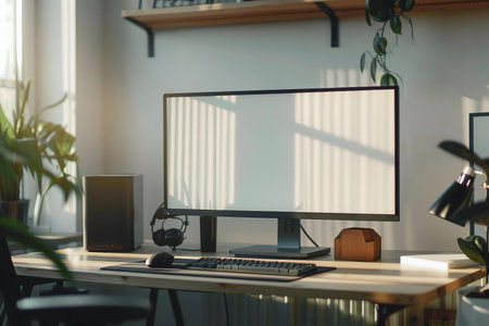 A bright and airy home office setup bathed in sunlight. A modern computer is the centerpoint of the clean and organized workspace.の写真素材