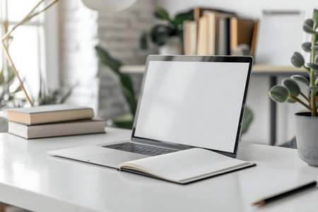 A clean, minimalist workspace featuring a laptop, notebook, and potted plants. Perfect for remote work or studying.の写真素材