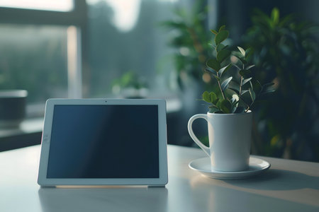 A tranquil workspace featuring a tablet, a plant in a mug, and natural light.の写真素材
