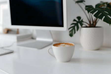 A white cup of latte art coffee sits on a minimalist white desk, next to a computer and a plant. Serene and productive workspace.の写真素材