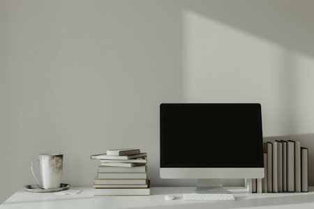 A serene minimalist workspace featuring a modern computer, stack of books and a coffee mug on a white desk.の写真素材