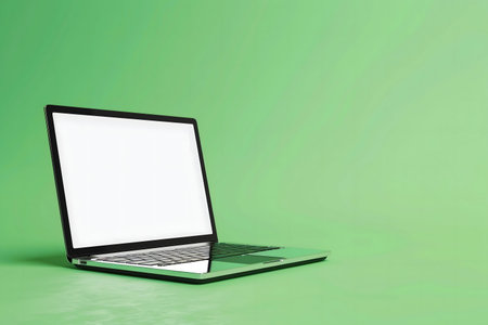 Sleek laptop with blank screen on green backdrop. Simple tech image.の写真素材