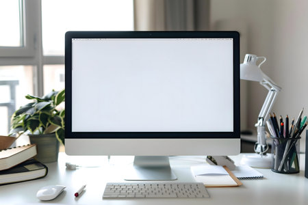 A minimalist workspace featuring a blank screen iMac, keyboard, mouse, and office supplies.の写真素材