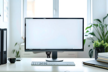 A pristine minimalist workspace featuring a blank computer screen, keyboard, and office supplies. Clean and modern aesthetics.の写真素材