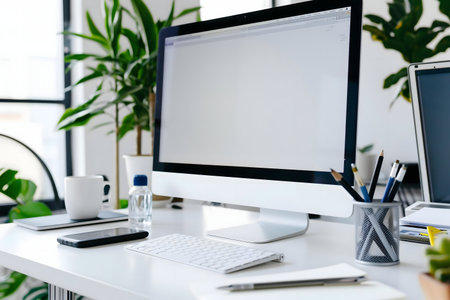 Clean modern workspace with computer, keyboard, plants, and a mug.の写真素材