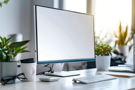 A clean, modern workspace featuring a desktop computer, keyboard, and plants.