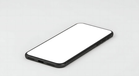 A sleek black smartphone with a blank white screen, ideal for app showcases or technology...