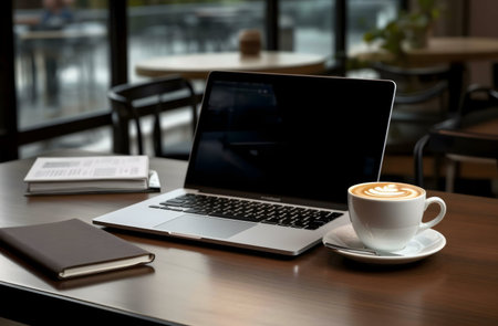 A laptop, a cup of latte art coffee, and a notebook sit on a wooden desk in a cafe.の写真素材