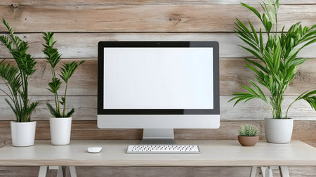 A minimalist workspace featuring a computer, potted plants, and a rustic wooden background.