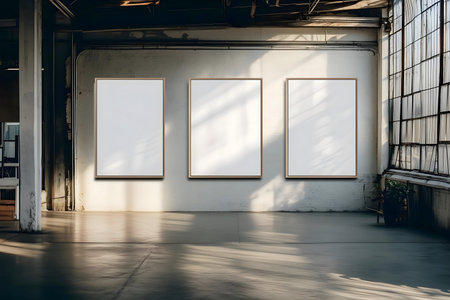 Empty canvases on a wall in a spacious loft. Perfect for art display or mockup.の写真素材