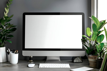A modern and minimalist workspace featuring a computer, keyboard, mouse, and lush green plants.の写真素材