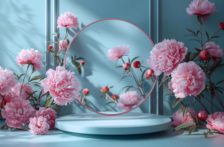Pink peonies surround a round mirror, reflecting a similar scene. Soft lighting and a blue background create a serene atmosphere.の写真素材