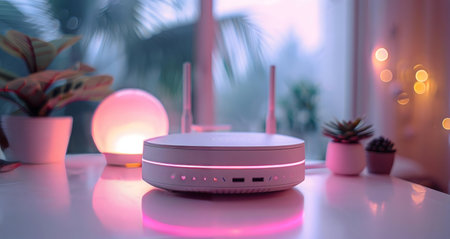 A modern white wifi router sits on a table, surrounded by plants and soft pink lighting. Smart home...