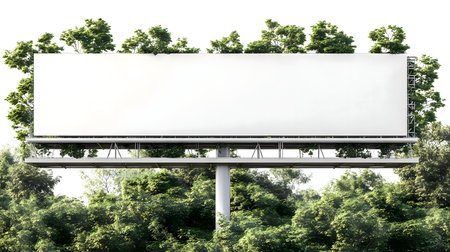 A clean, blank billboard surrounded by green trees.の写真素材