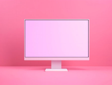 Pink computer screen on pink background. Minimalist design.の写真素材
