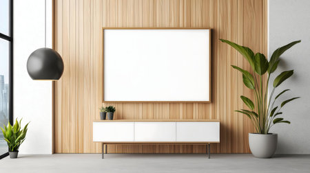 Modern minimalist living room with wooden wall, white cabinet, and plants.の写真素材