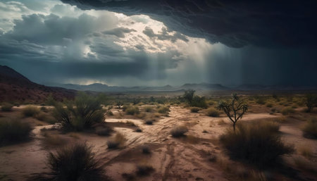A desert landscape under a dramatic storm. Sunbeams pierce dark clouds.の写真素材