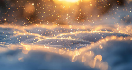 Magical winter sunset with sparkling snow. Golden hour light illuminates the scene.の写真素材