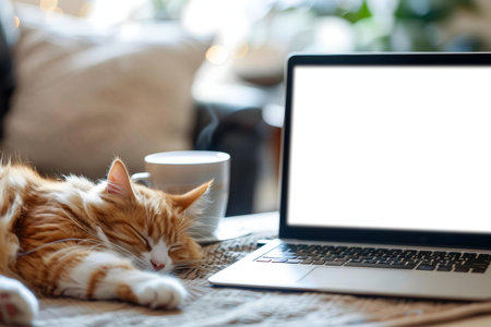 A fluffy ginger cat sleeps peacefully near a laptop on a cozy surface.の写真素材