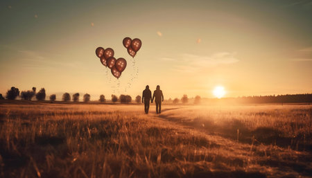 A couple walks hand-in-hand at sunset, heart-shaped balloons floating above them in a serene, romantic scene.の写真素材
