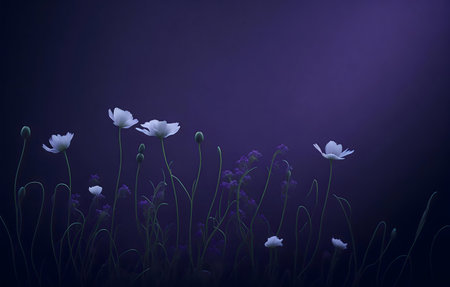 White flowers blooming at night, serene and peaceful against a dark purple sky.の写真素材