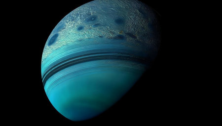 A stunning digital rendering of a turquoise planet with visible rings and textured surface against a...