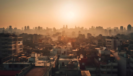Sunrise over a hazy city, skyscrapers in the distanceの写真素材