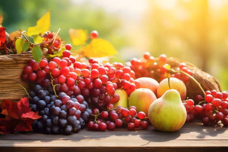 A vibrant autumn harvest scene with red and green grapes, apples, and pears, bathed in warm sunlight.の写真素材