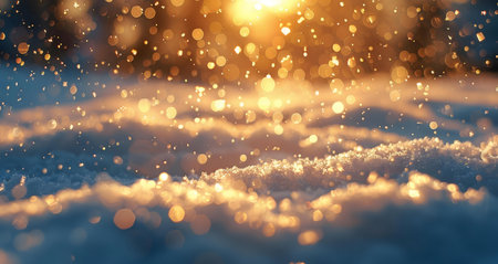 Golden hour light illuminates a snowy landscape. Sparkling snow and bokeh effects create a magical winter scene.の写真素材