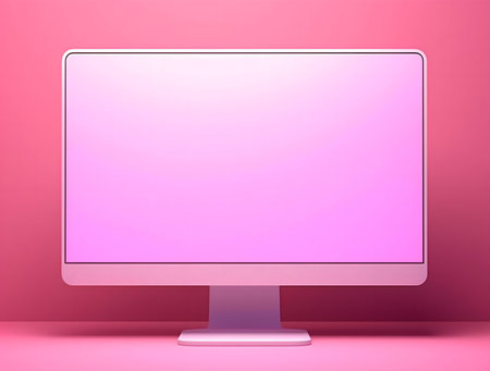 A minimalist pink computer screen on a pink background.の写真素材