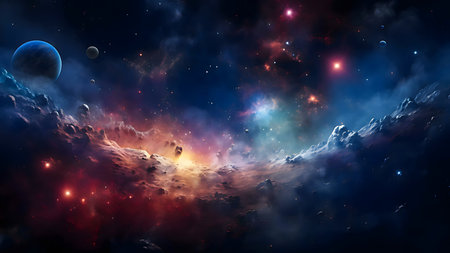 Vibrant cosmic landscape with planets and nebulae.