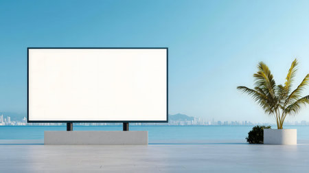 A large blank billboard stands by the ocean, offering a perfect seaside advertising mockup.の写真素材