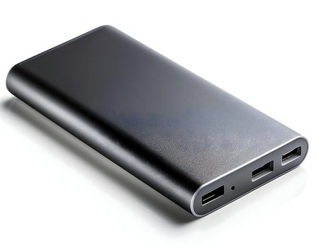 A sleek black portable power bank with multiple USB ports. Ideal for charging mobile devices on the...