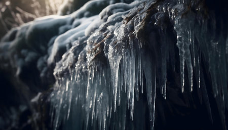Stunning close-up of frozen icicles hanging from a winter waterfall.の写真素材