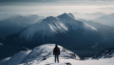 A lone hiker conquers a snow-capped mountain peak, breathtaking winter panorama.の写真素材