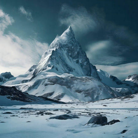 Serene winter mountain landscape. Snow covers everything.