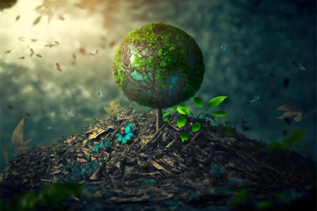 A surreal image of a green planet tree growing from a pile of waste, symbolizing environmental hope.