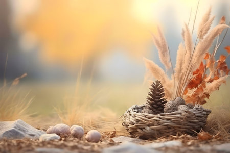 A wicker basket filled with autumn treasures sits peacefully in a field. Warm golden light enhances...