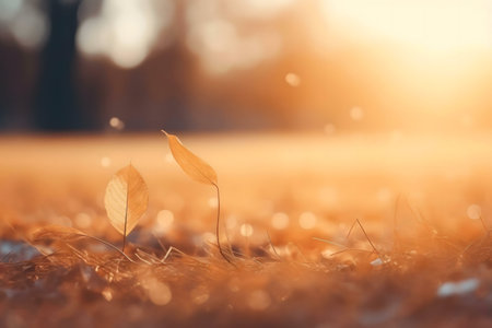 Two delicate leaves bask in the golden hour, creating a serene autumn scene.の写真素材