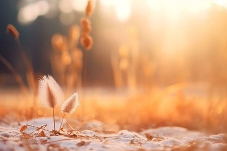 Two small plants bathed in the warm light of a winter sunset. Peaceful, serene atmosphere.の写真素材
