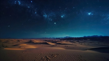 Starry night sky over a vast desert landscape. Sand dunes stretch to the horizon under a brilliant Milky Way.の写真素材