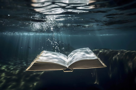 An open book rests on the seabed, submerged in deep blue water. Sunlight penetrates, casting rays on the pages, creating a mysterious and intriguing scene.の写真素材