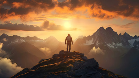 Hiker at sunset on a mountain peak, majestic view