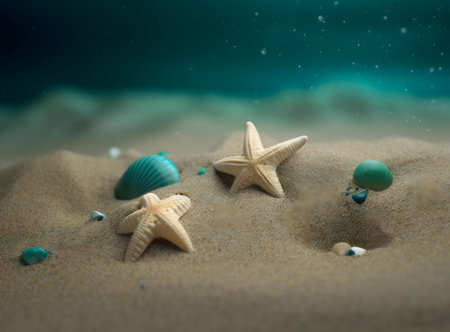 Peaceful underwater scene with seashells and starfish on sandy bottom.