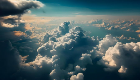 Stunning aerial shot of fluffy cumulus clouds illuminated by the setting sun.の写真素材